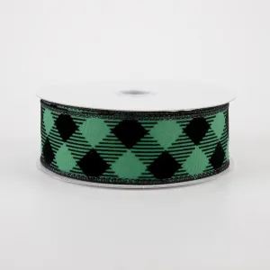 1.5" Flocked Diagonal Check Ribbon: Emerald, Black (10 Yards)