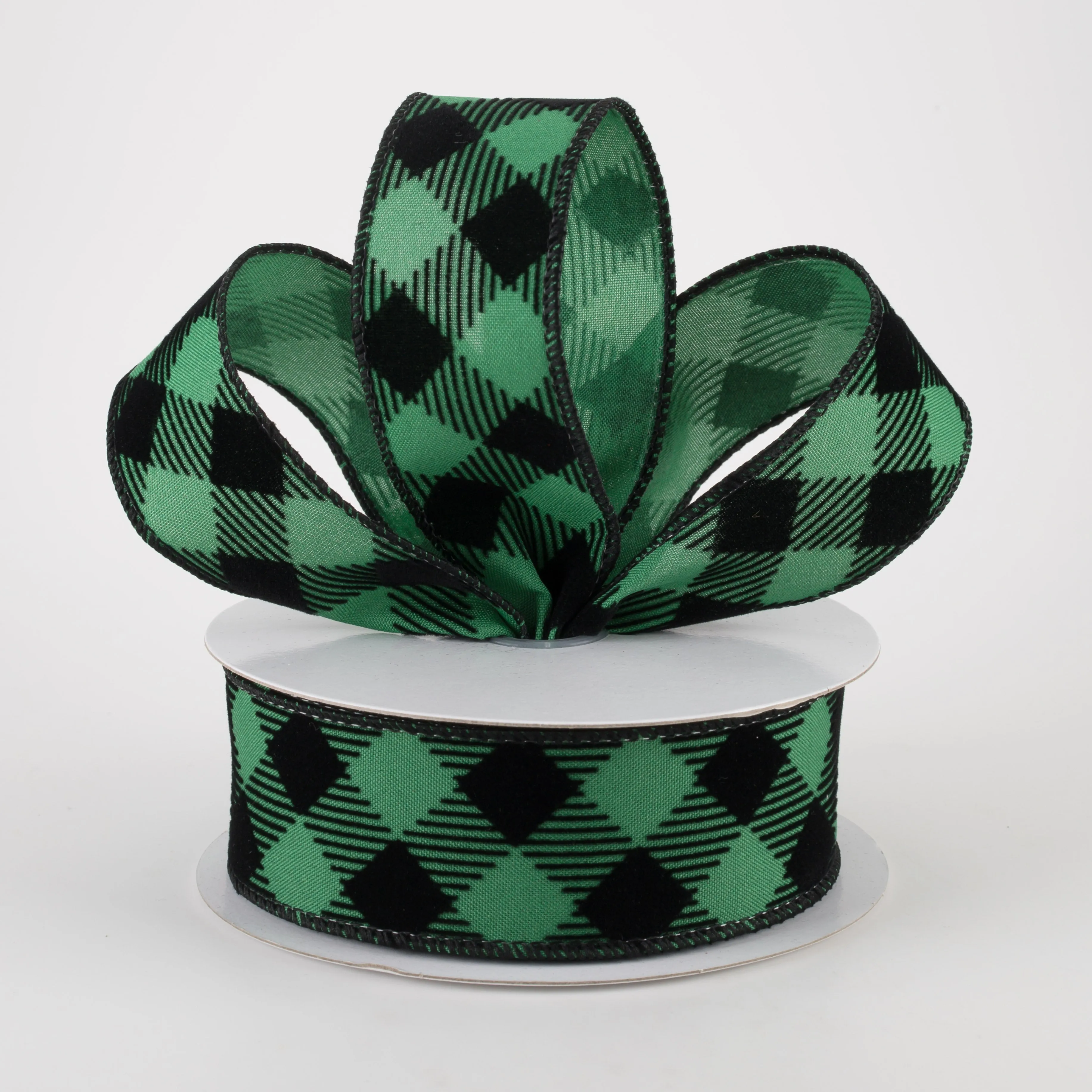 1.5" Flocked Diagonal Check Ribbon: Emerald, Black (10 Yards)