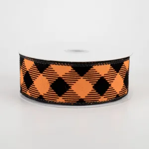 1.5" Flocked Diagonal Check Ribbon: Orange & Black (10 Yards)