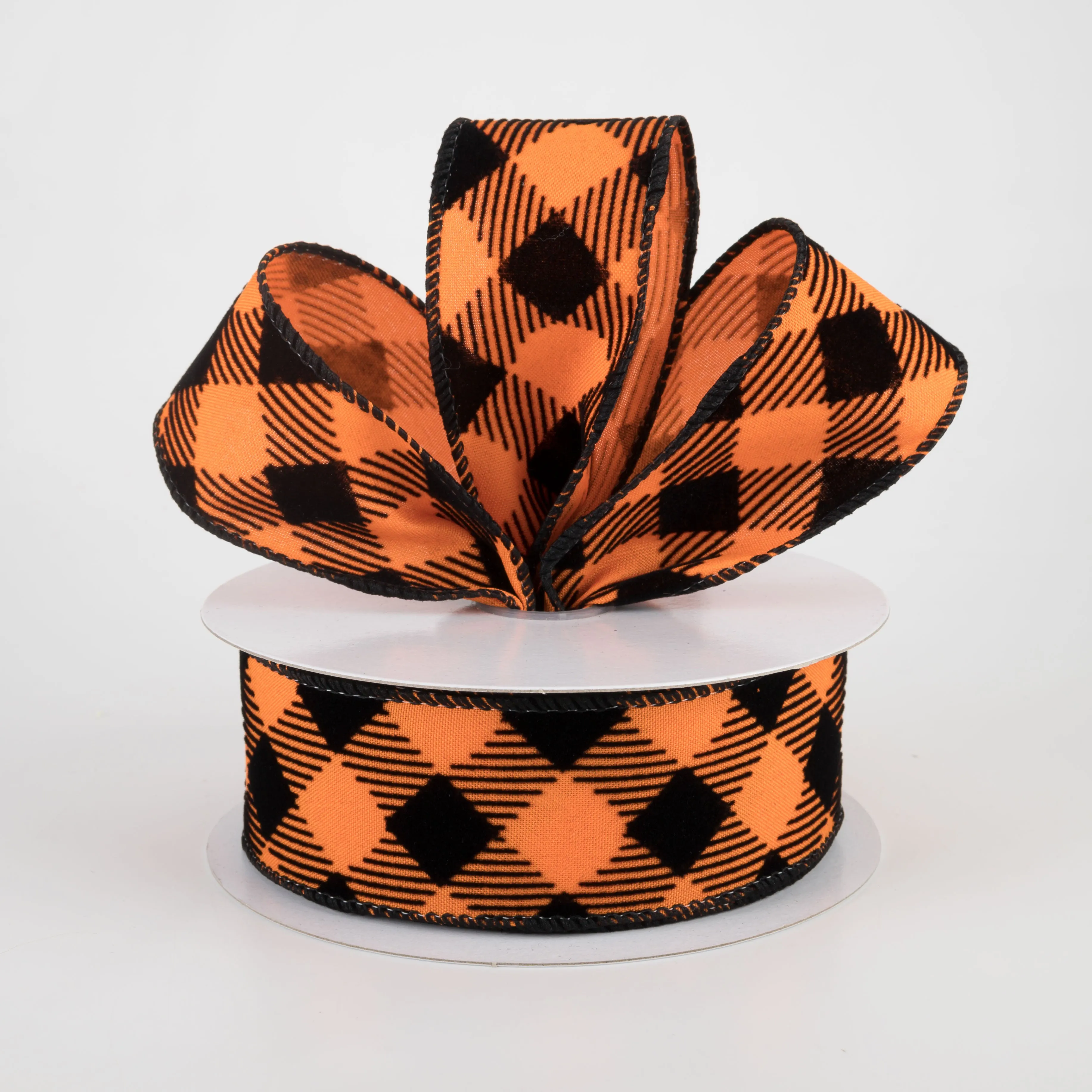 1.5" Flocked Diagonal Check Ribbon: Orange & Black (10 Yards)