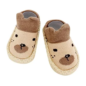 1Pair Children's Kids Baby Boys Girls Cartoon Cat Floor Socks Thicken Anti-Slip Baby Step Shoes Sock (Khaki, S)