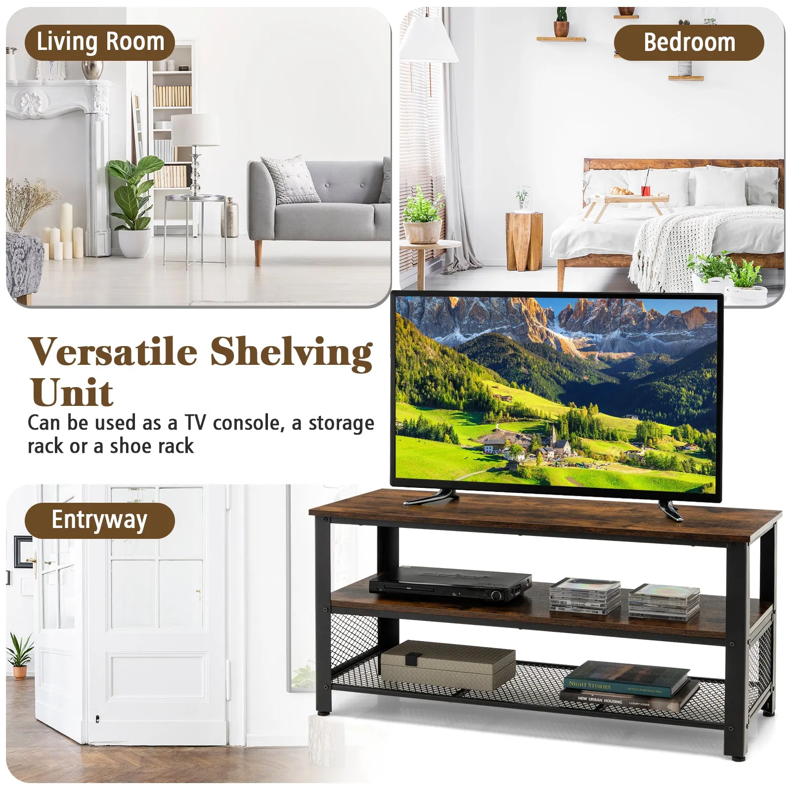 3-Tier TV Stand for TVs up to 50 Inches with Open Storage Shelves