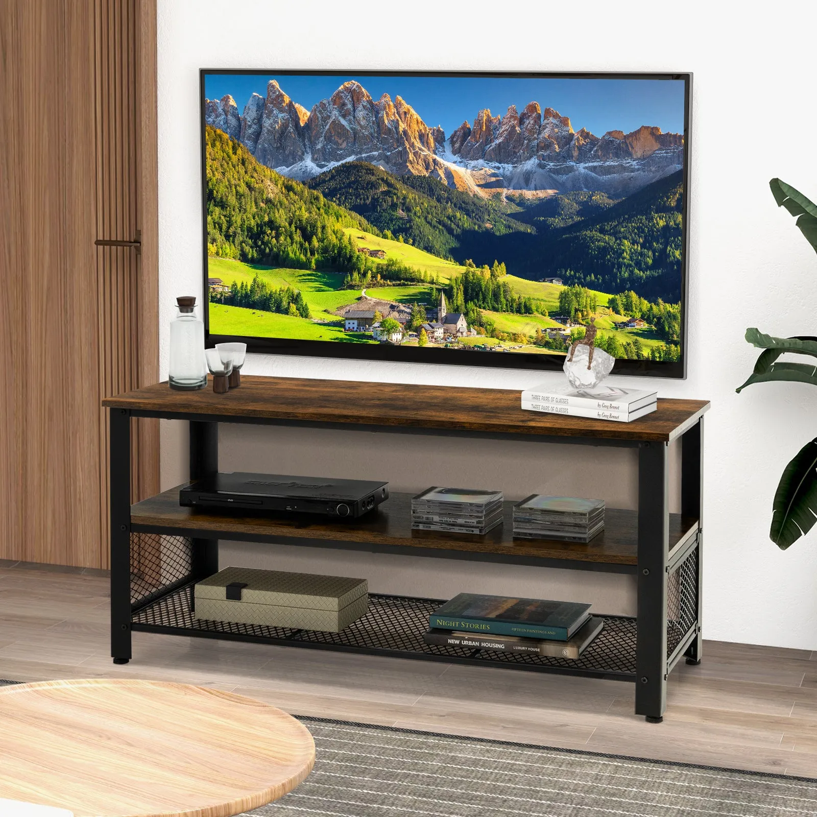 3-Tier TV Stand for TVs up to 50 Inches with Open Storage Shelves