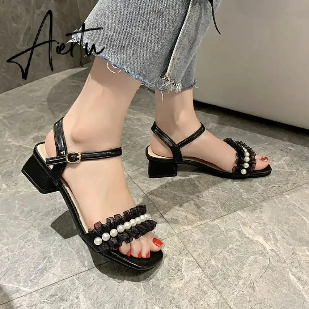 Aiertu Black Platform Sandals Female Shoe Summer Lace Denim Women's High Heels Med Espadrilles Girls Laces Fashion Gladiator Beige