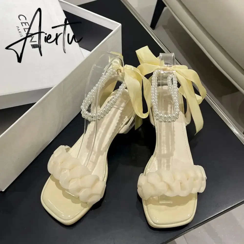 Aiertu Black Platform Sandals Female Shoe Summer Lace Denim Women's High Heels Med Espadrilles Girls Laces Fashion Gladiator Beige