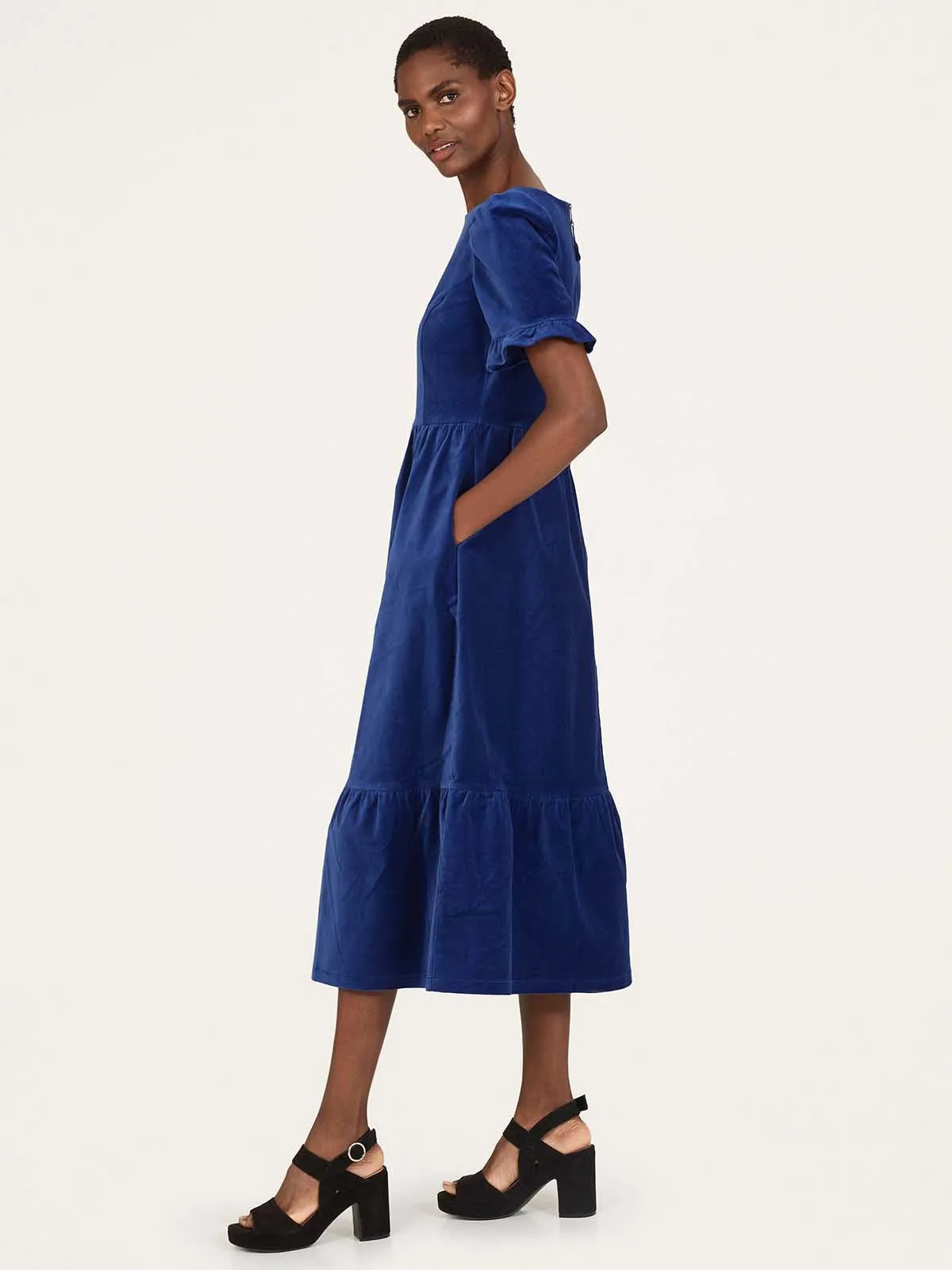 Alleegra Organic Cotton Velvet Midi Dress - Dark Sapphire Blue