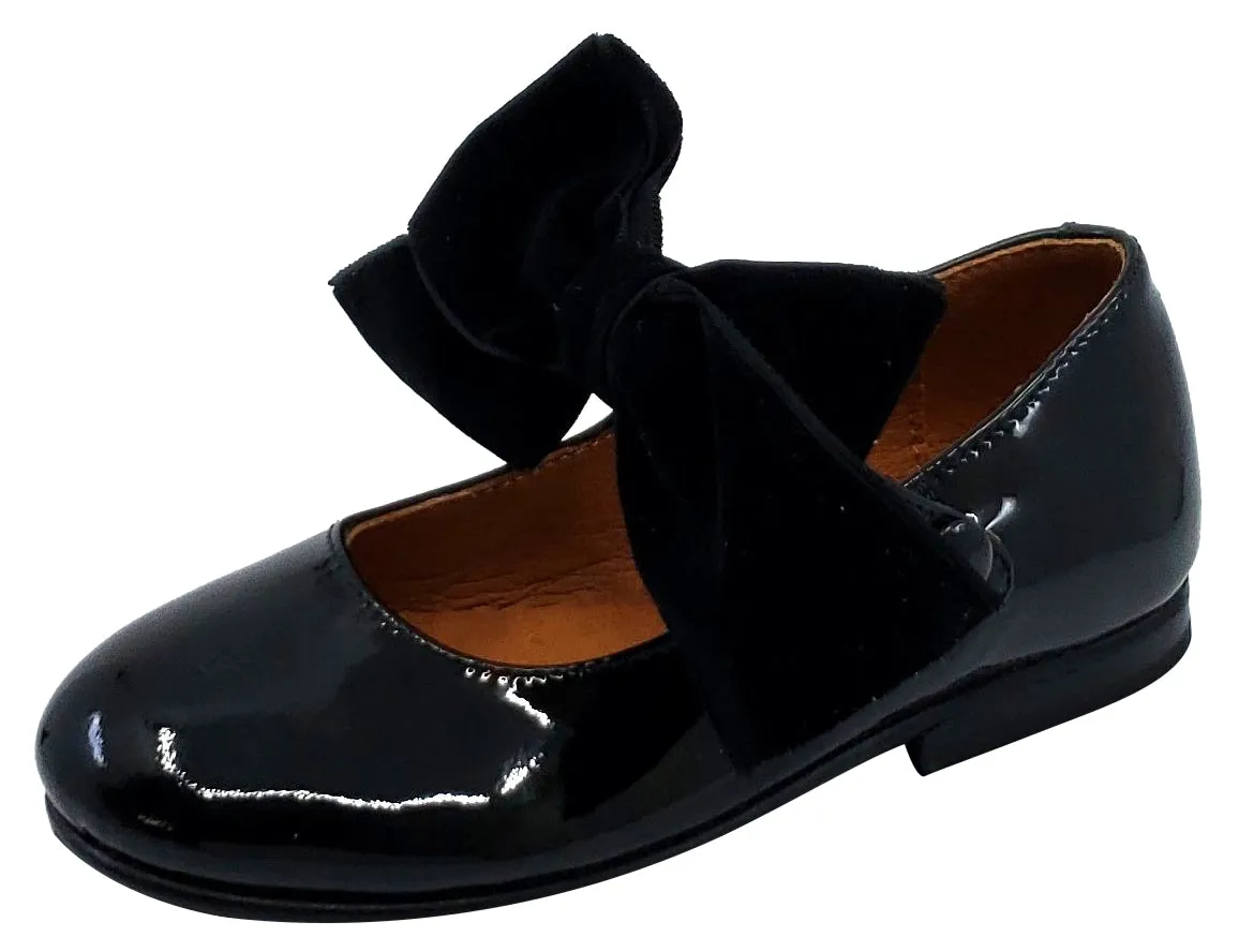 Atlanta Mocassin Girl's Snap Closure Velvet Bow Mary Jane, Black Patent