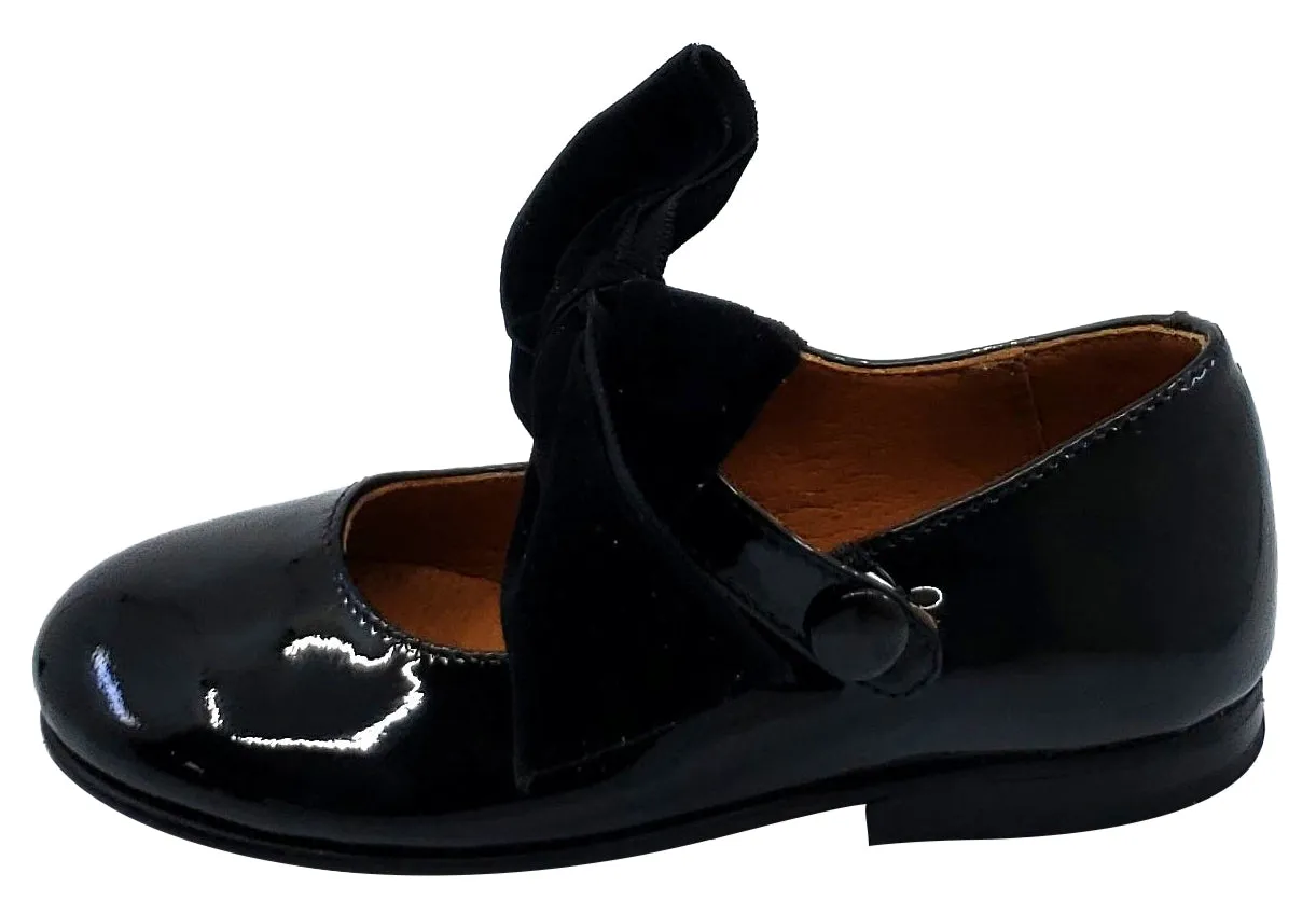 Atlanta Mocassin Girl's Snap Closure Velvet Bow Mary Jane, Black Patent