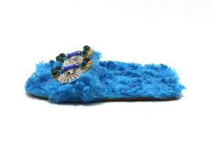 Authentic Miu Miu Teal Turquoise Blue Sherling Fur Rhinestones Flat Sandals Shoes Size 35