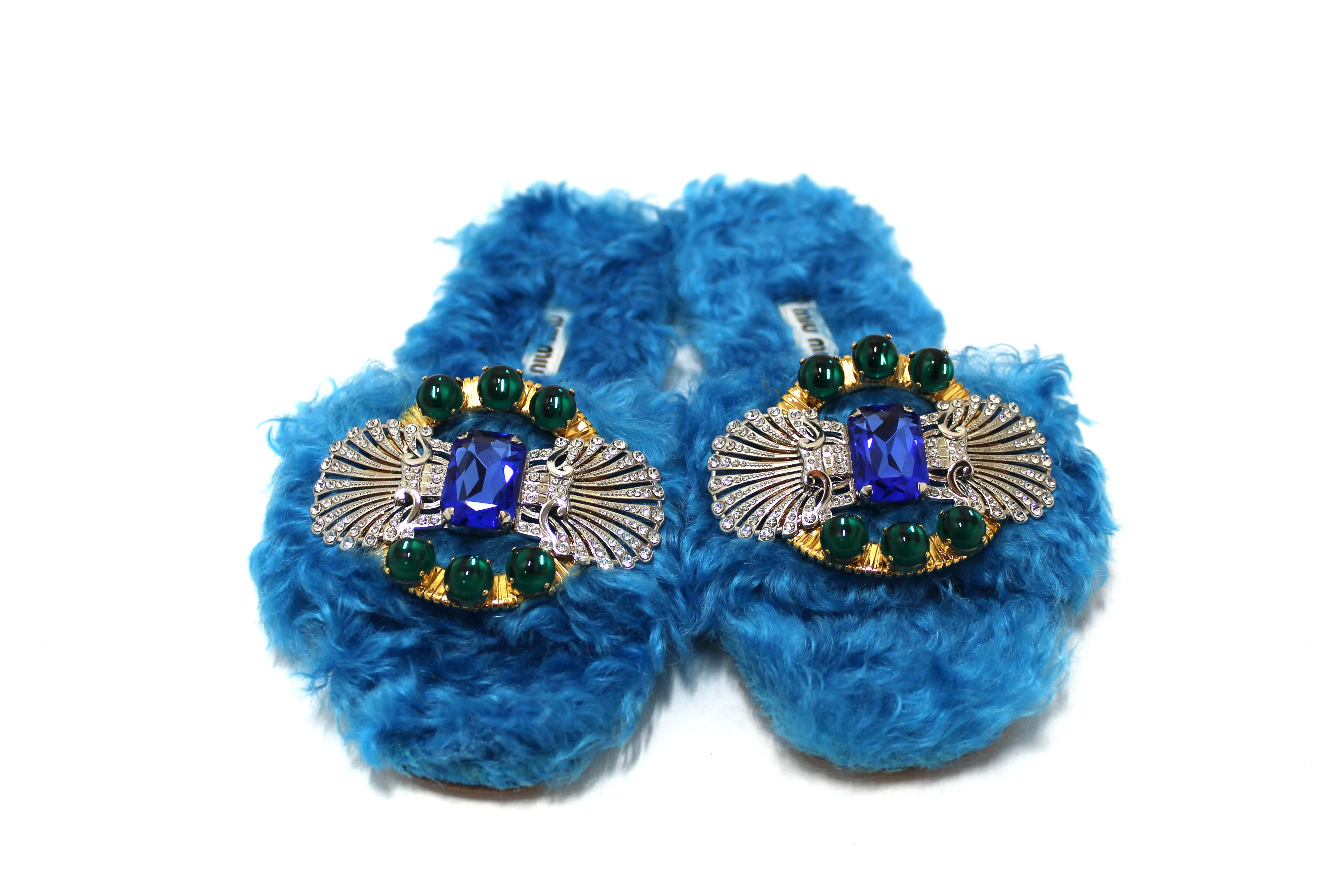 Authentic Miu Miu Teal Turquoise Blue Sherling Fur Rhinestones Flat Sandals Shoes Size 35