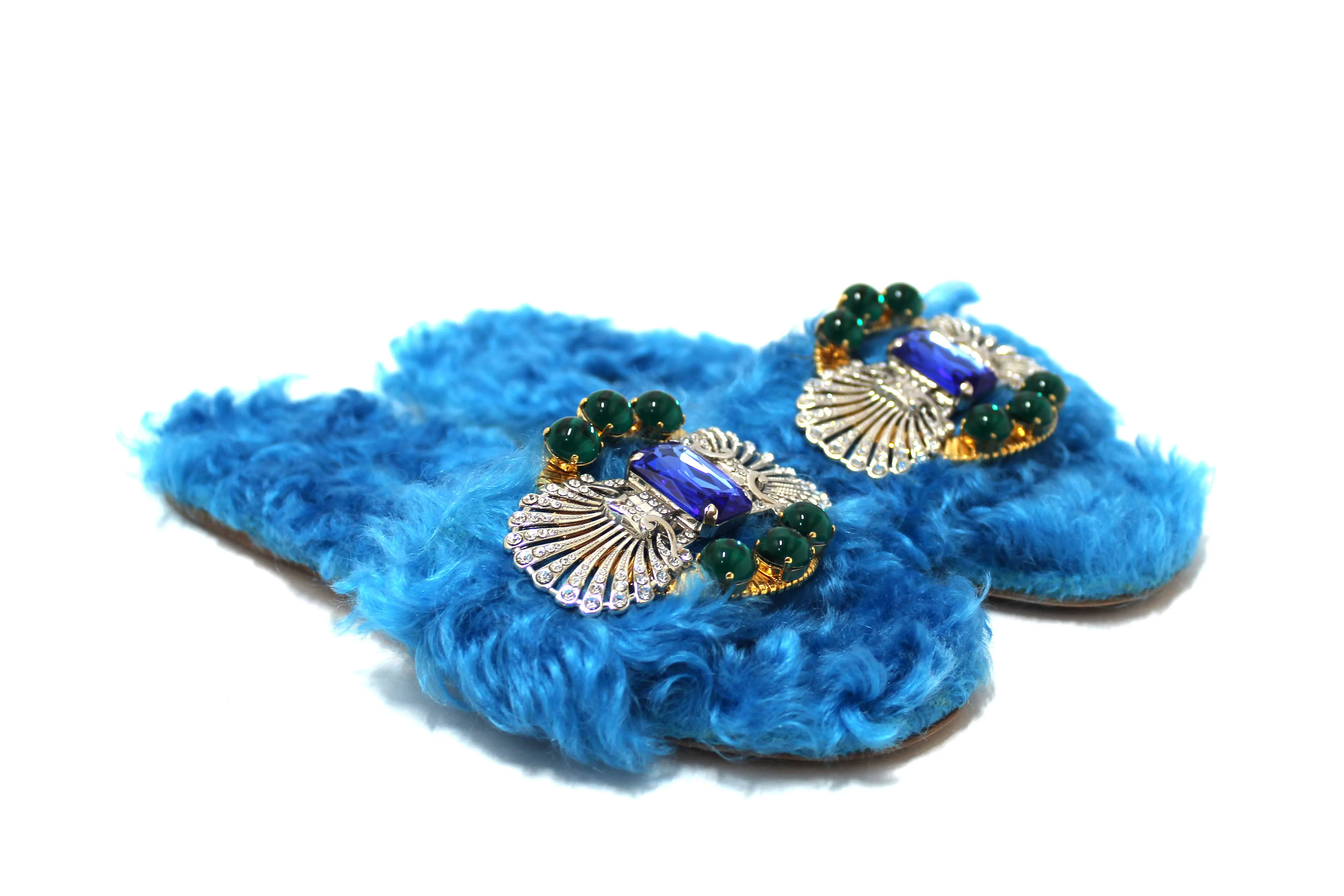 Authentic Miu Miu Teal Turquoise Blue Sherling Fur Rhinestones Flat Sandals Shoes Size 35