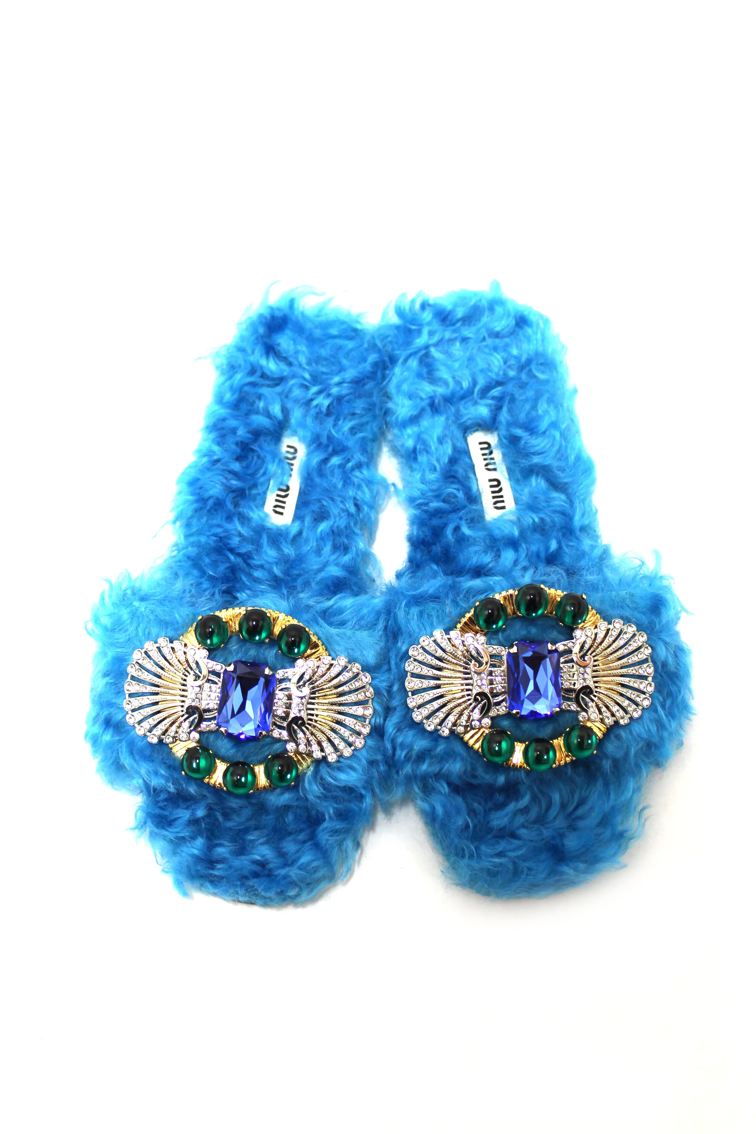 Authentic Miu Miu Teal Turquoise Blue Sherling Fur Rhinestones Flat Sandals Shoes Size 35