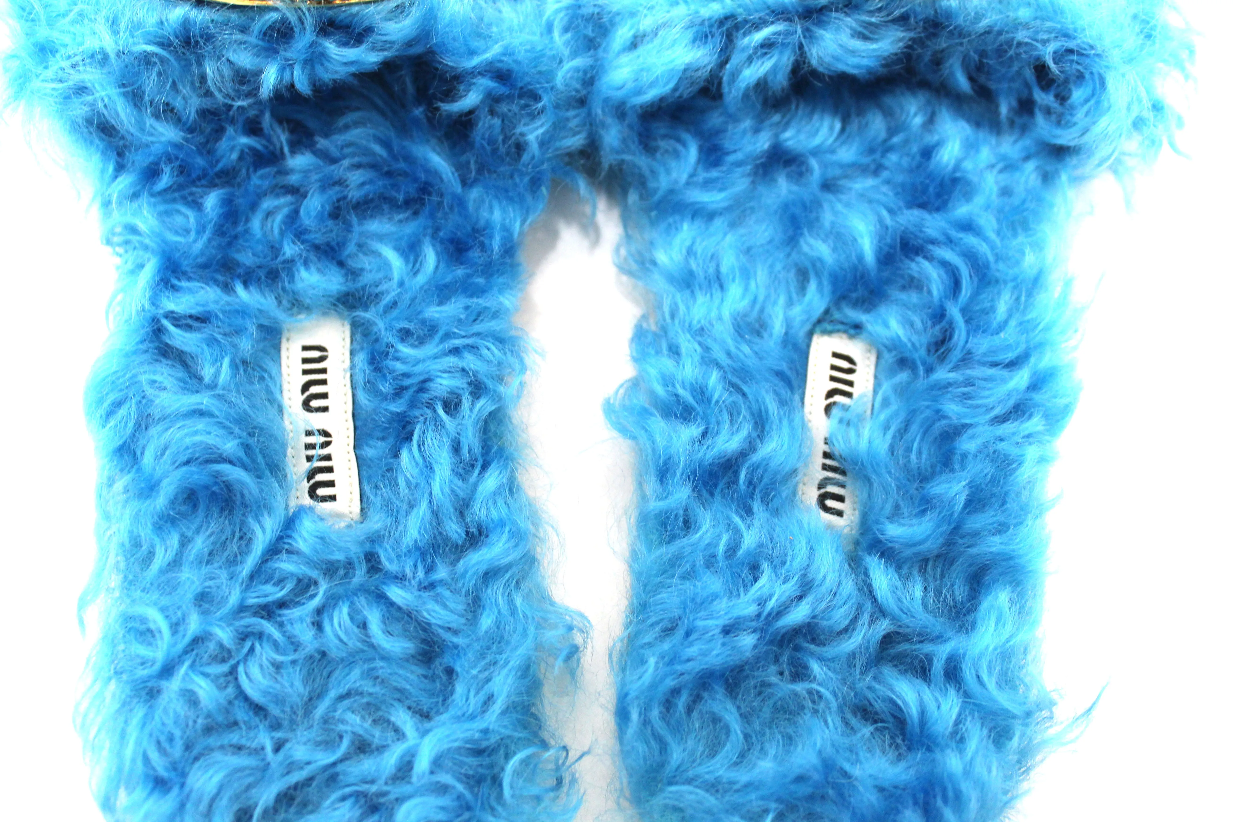 Authentic Miu Miu Teal Turquoise Blue Sherling Fur Rhinestones Flat Sandals Shoes Size 35