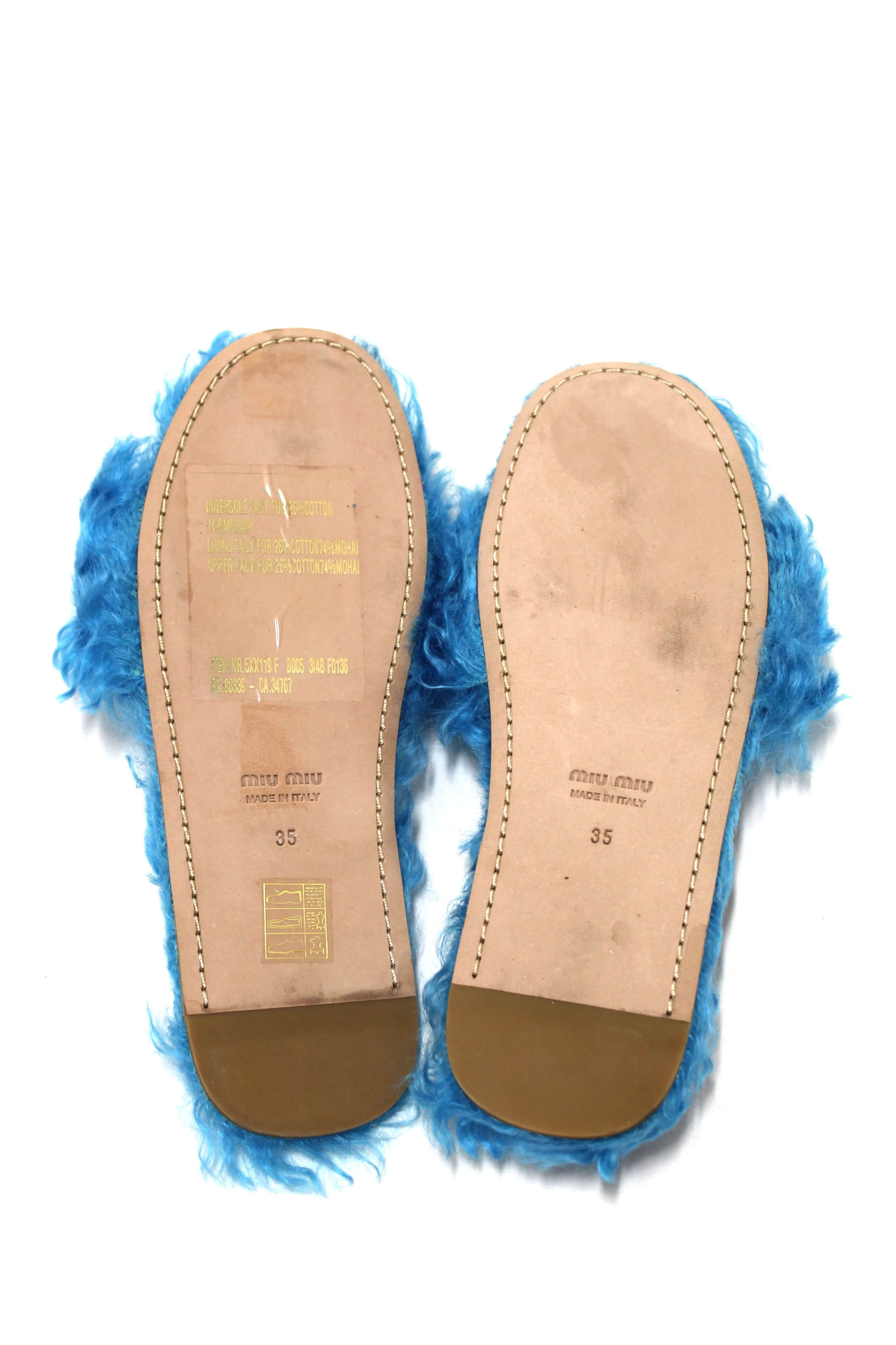 Authentic Miu Miu Teal Turquoise Blue Sherling Fur Rhinestones Flat Sandals Shoes Size 35