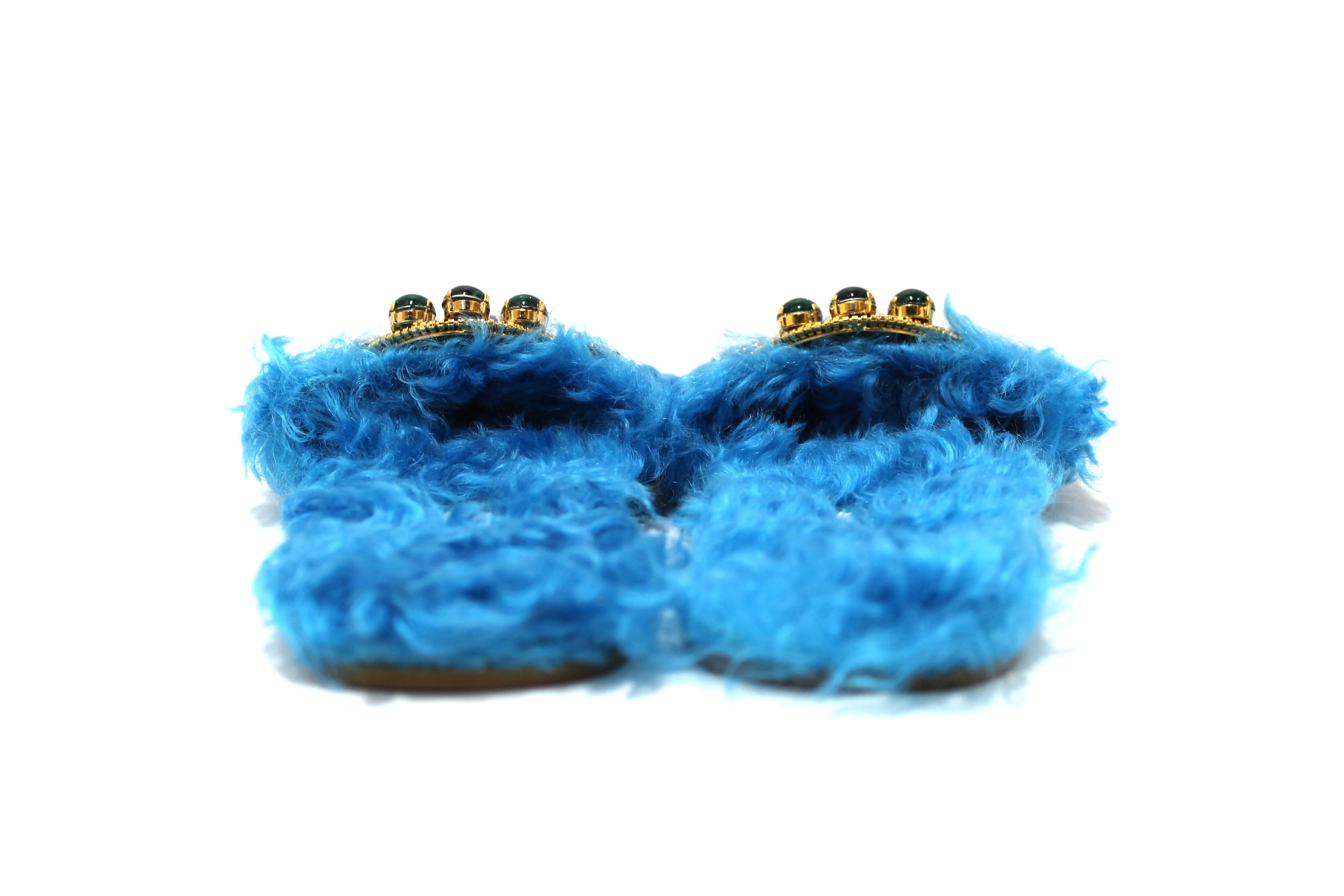 Authentic Miu Miu Teal Turquoise Blue Sherling Fur Rhinestones Flat Sandals Shoes Size 35