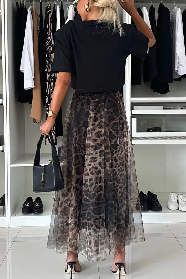 Autumn Jungle Tulle Leopard Print Elastic Waist A-line Maxi Skirt