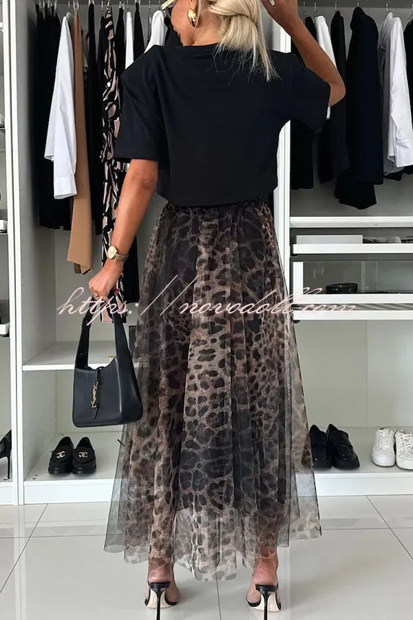 Autumn Jungle Tulle Leopard Print Elastic Waist A-line Maxi Skirt