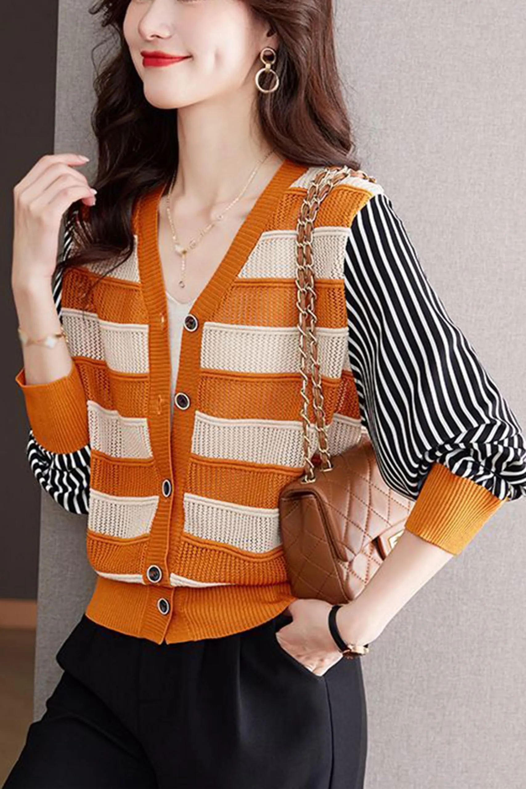 BK-Striped Cardigan Button Fashion Casual Tops