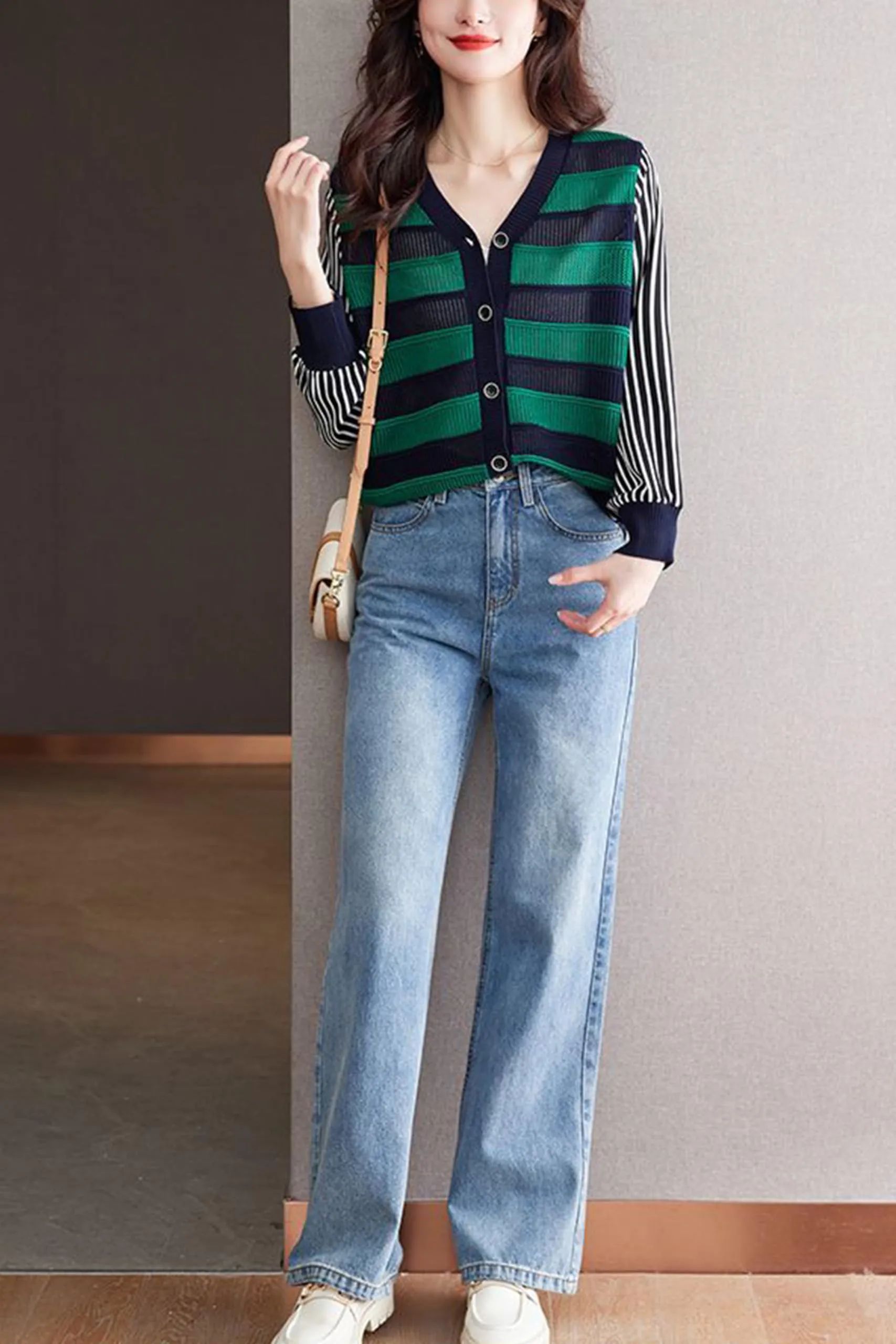 BK-Striped Cardigan Button Fashion Casual Tops