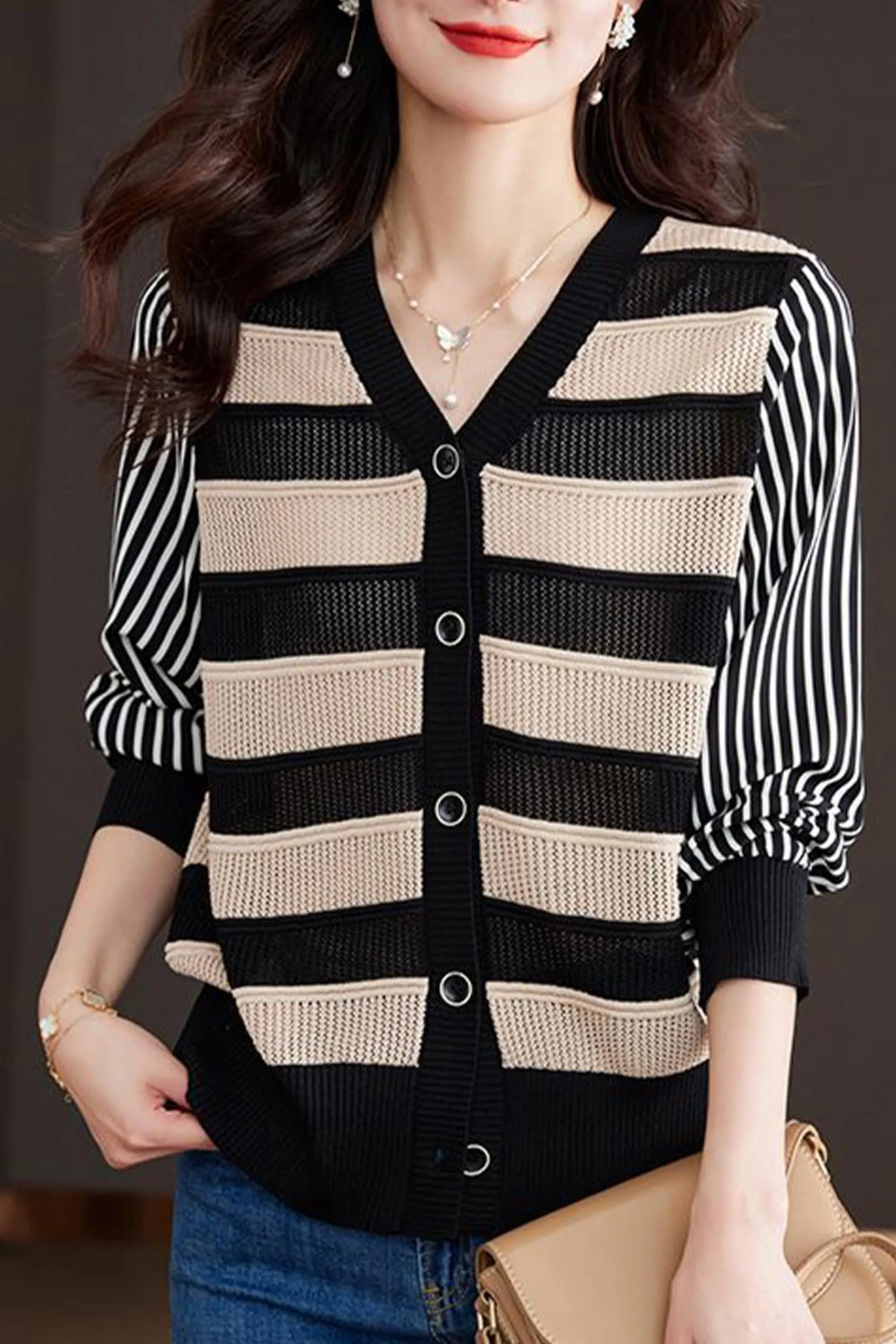 BK-Striped Cardigan Button Fashion Casual Tops