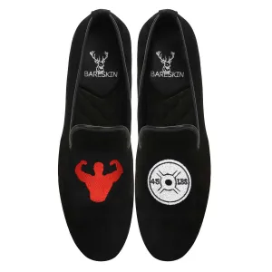 Black Body Building Embroidery Collection Velvet Slip-On Shoes By Bareskin