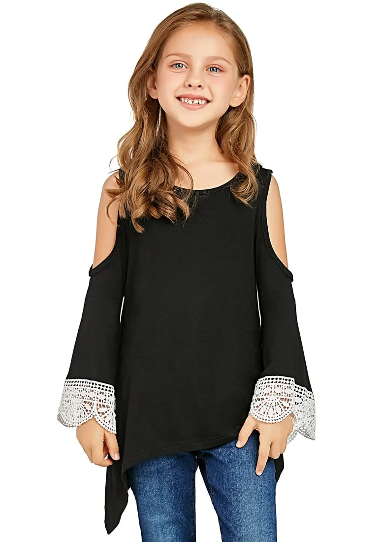 Black Cutout Shoulder Crochet Flare Sleeves Girl Tunic