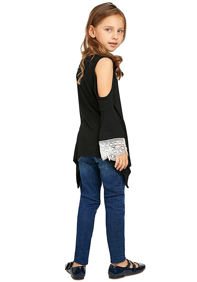 Black Cutout Shoulder Crochet Flare Sleeves Girl Tunic