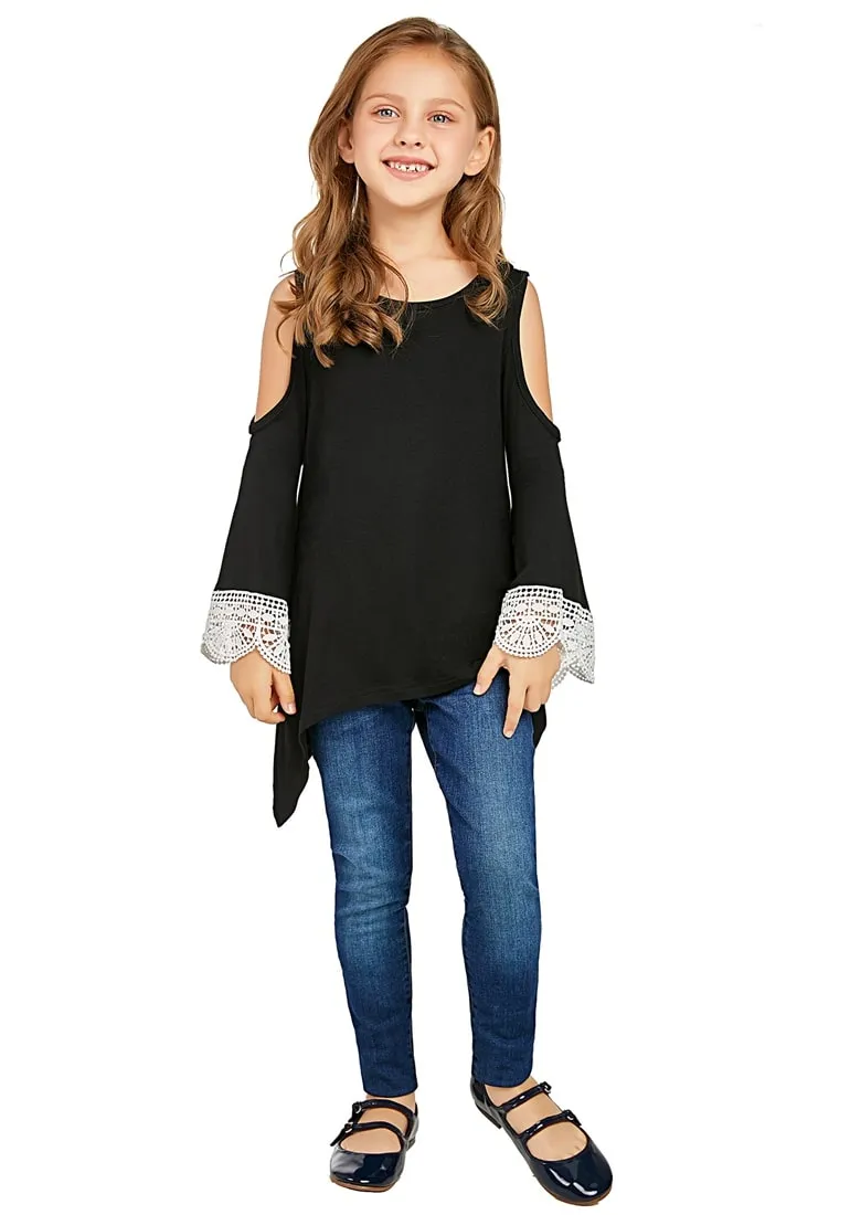 Black Cutout Shoulder Crochet Flare Sleeves Girl Tunic