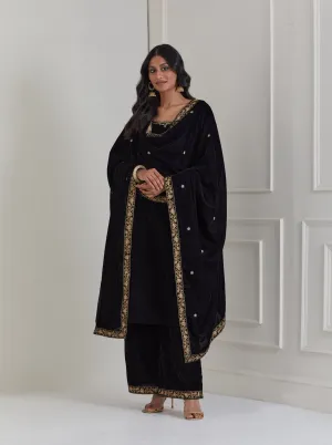 Black Embroidered Velvet A-Line Suit - Set of 3