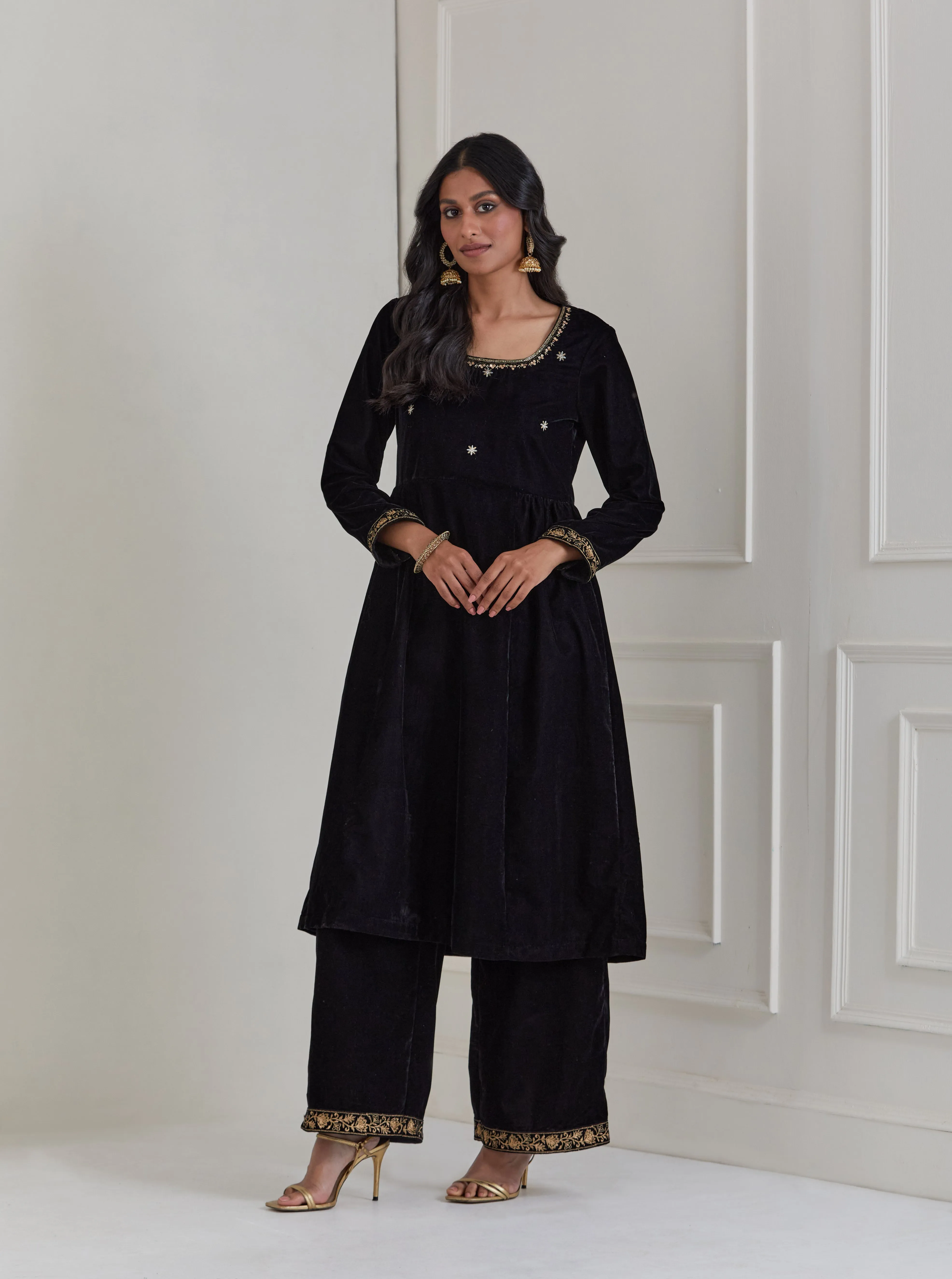 Black Embroidered Velvet A-Line Suit - Set of 3