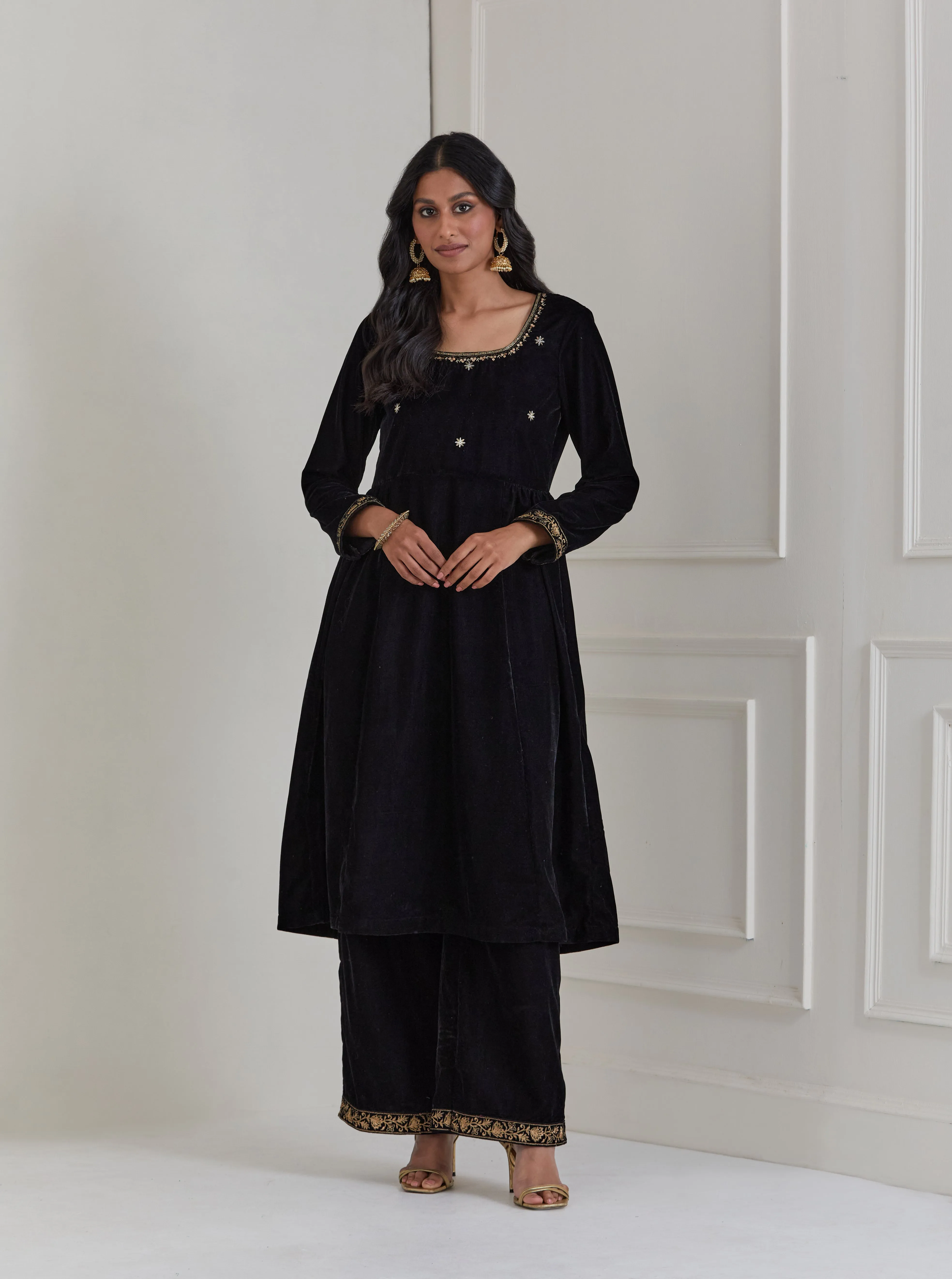 Black Embroidered Velvet A-Line Suit - Set of 3