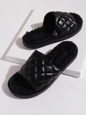 Black PU Faux Fur Quilted Slip Ons (TC-RLST7-BLK)