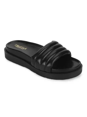 Black PU Quilted Platform Slides