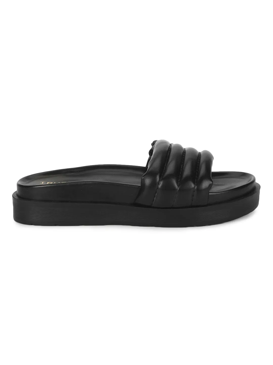 Black PU Quilted Platform Slides