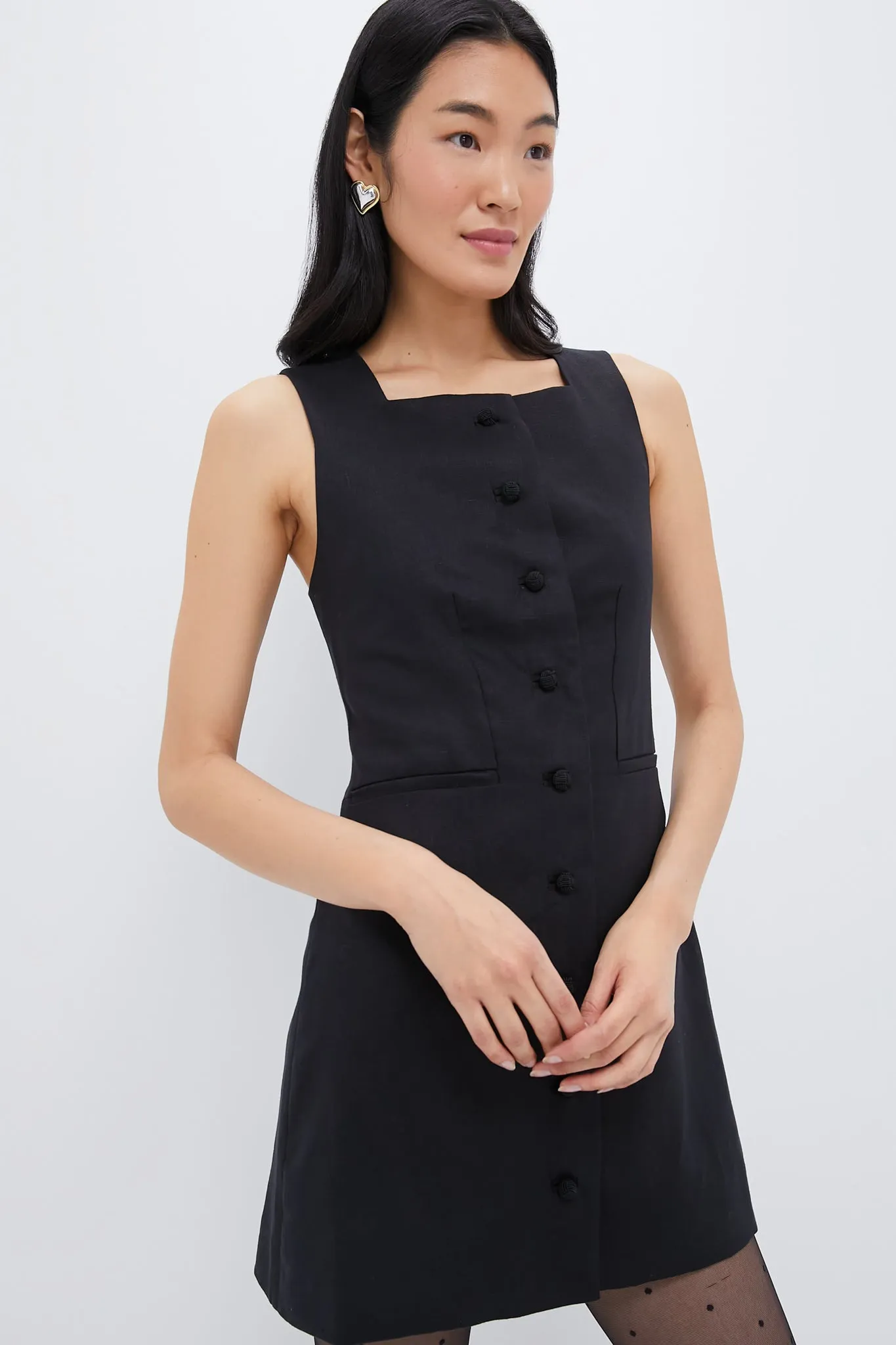 Black Rio Button Mini Dress