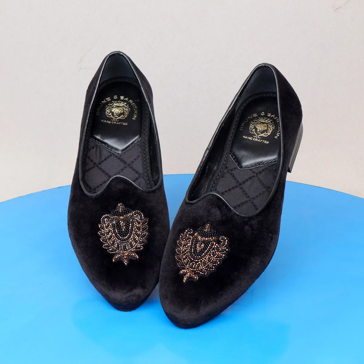 Black Velvet Jalsa with Golden Royal Crest Zardosi By Brune & Bareskin