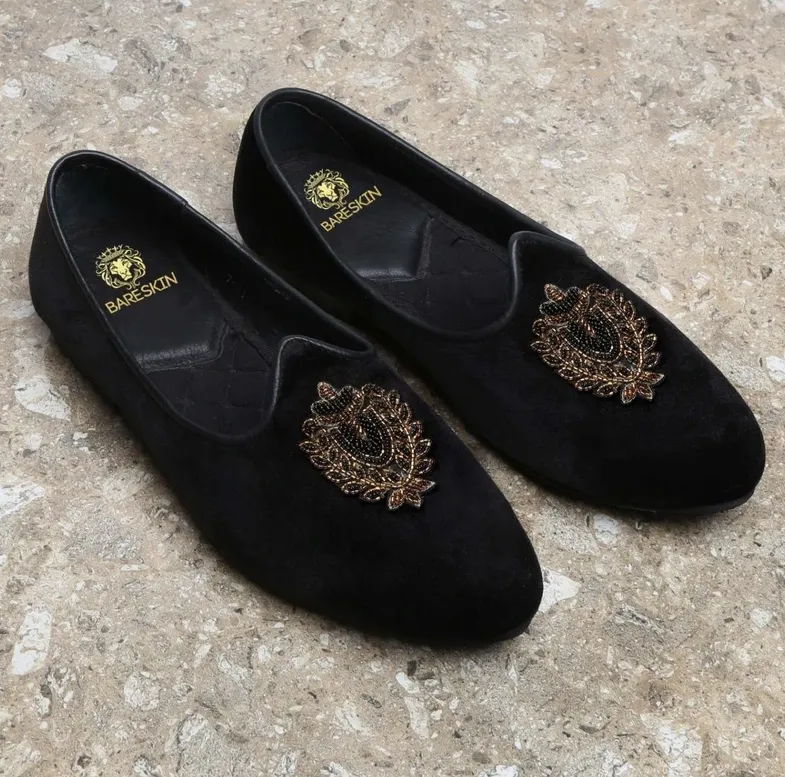 Black Velvet Jalsa with Golden Royal Crest Zardosi By Brune & Bareskin