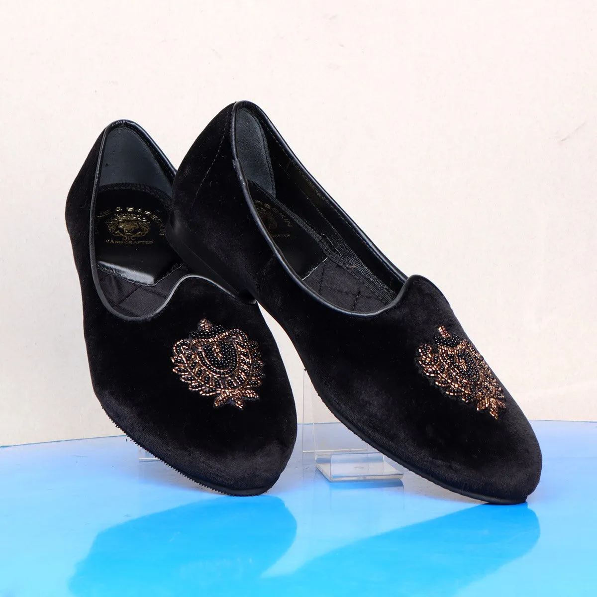 Black Velvet Jalsa with Golden Royal Crest Zardosi By Brune & Bareskin