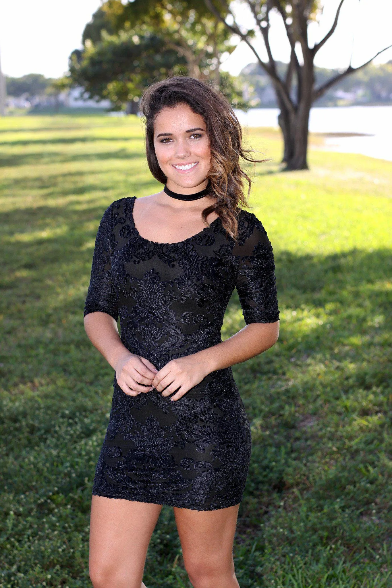 Black Velvet Short Dress with 3/4 Sleeves