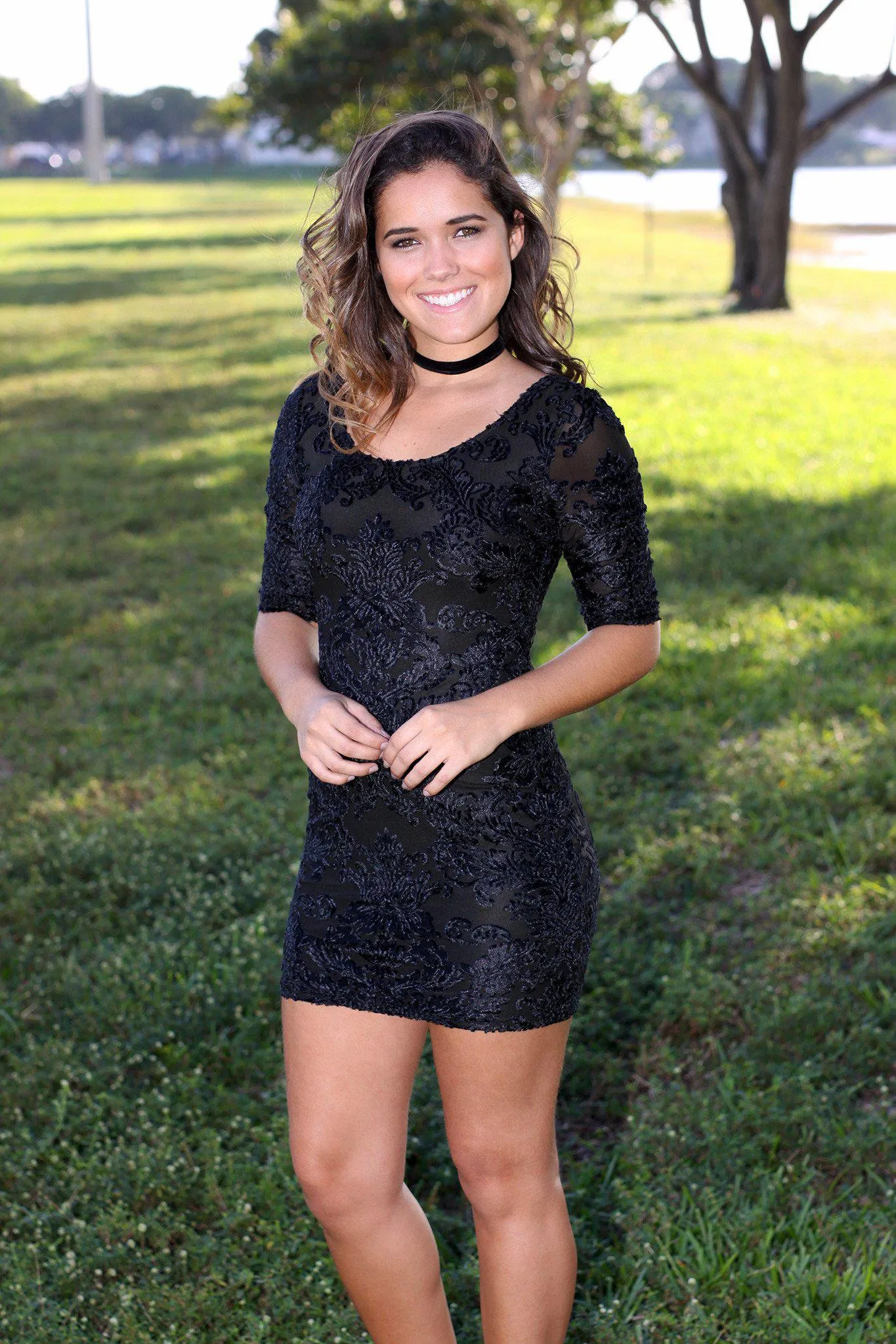 Black Velvet Short Dress with 3/4 Sleeves