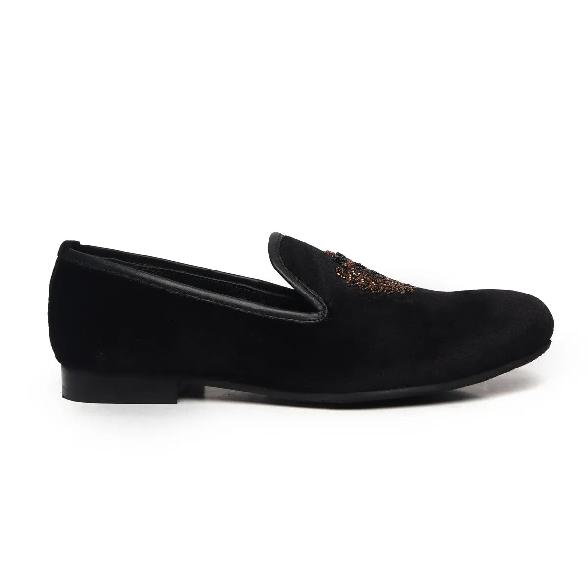 Black Velvet Slip-On Shoes with Golden Royal Crest Zardosi by Brune & Bareskin