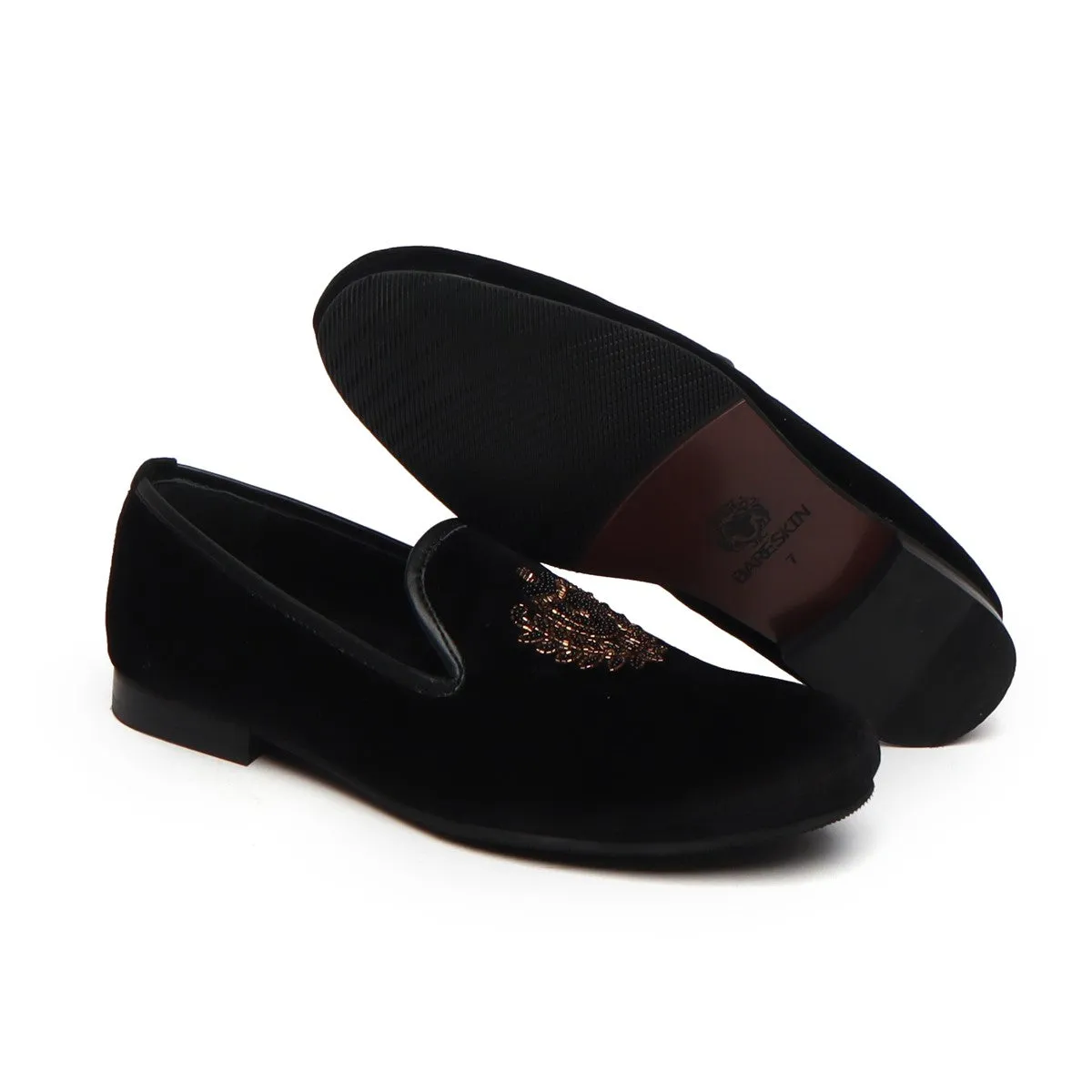 Black Velvet Slip-On Shoes with Golden Royal Crest Zardosi by Brune & Bareskin