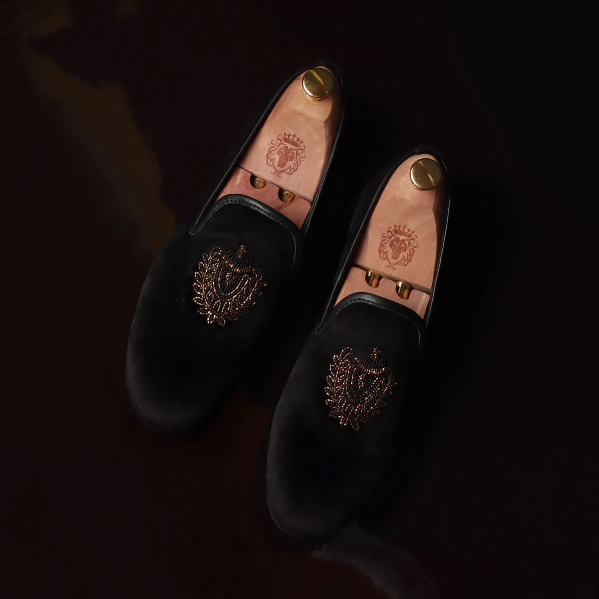 Black Velvet Slip-On Shoes with Golden Royal Crest Zardosi by Brune & Bareskin