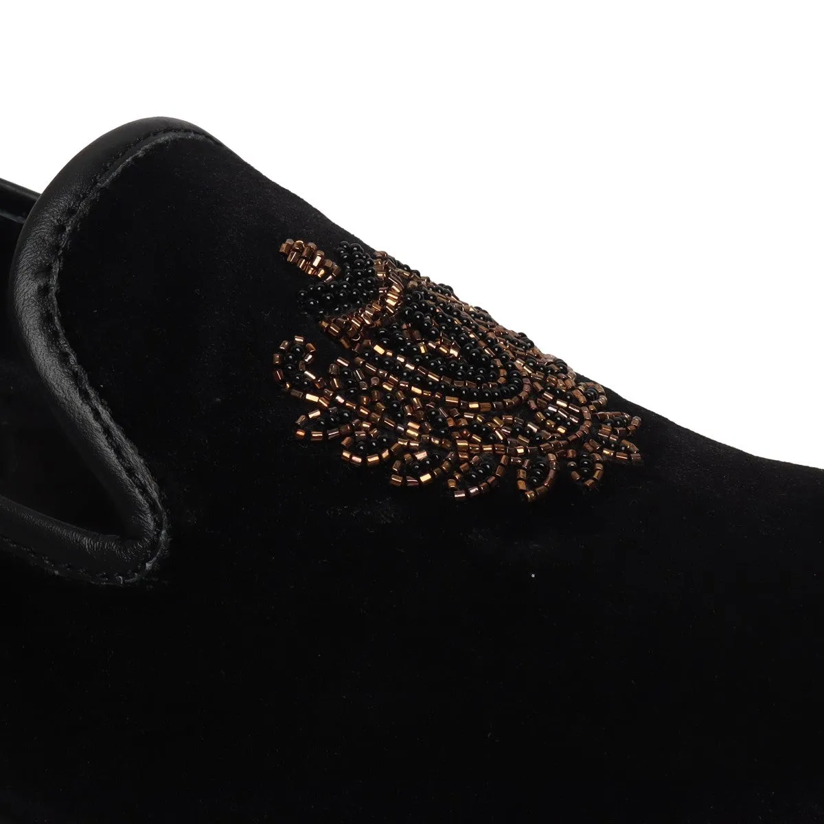 Black Velvet Slip-On Shoes with Golden Royal Crest Zardosi by Brune & Bareskin