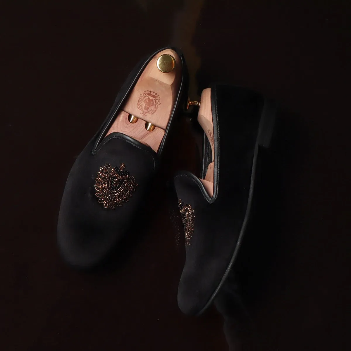 Black Velvet Slip-On Shoes with Golden Royal Crest Zardosi by Brune & Bareskin