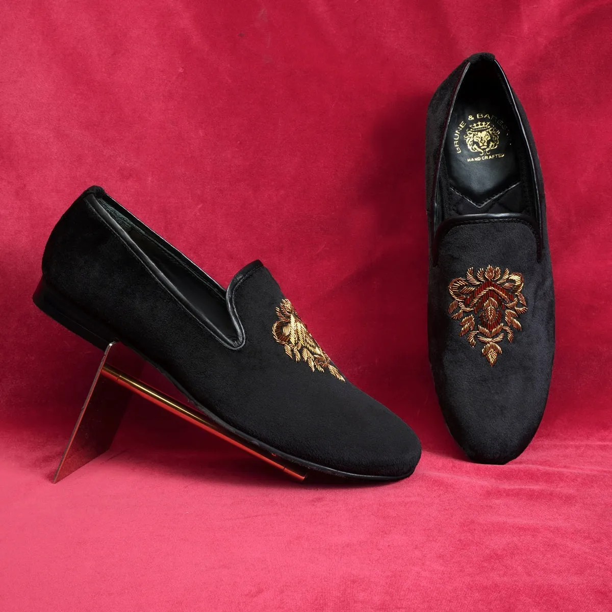 Black Velvet Slip-on Shoes with Hand Zardosi Design