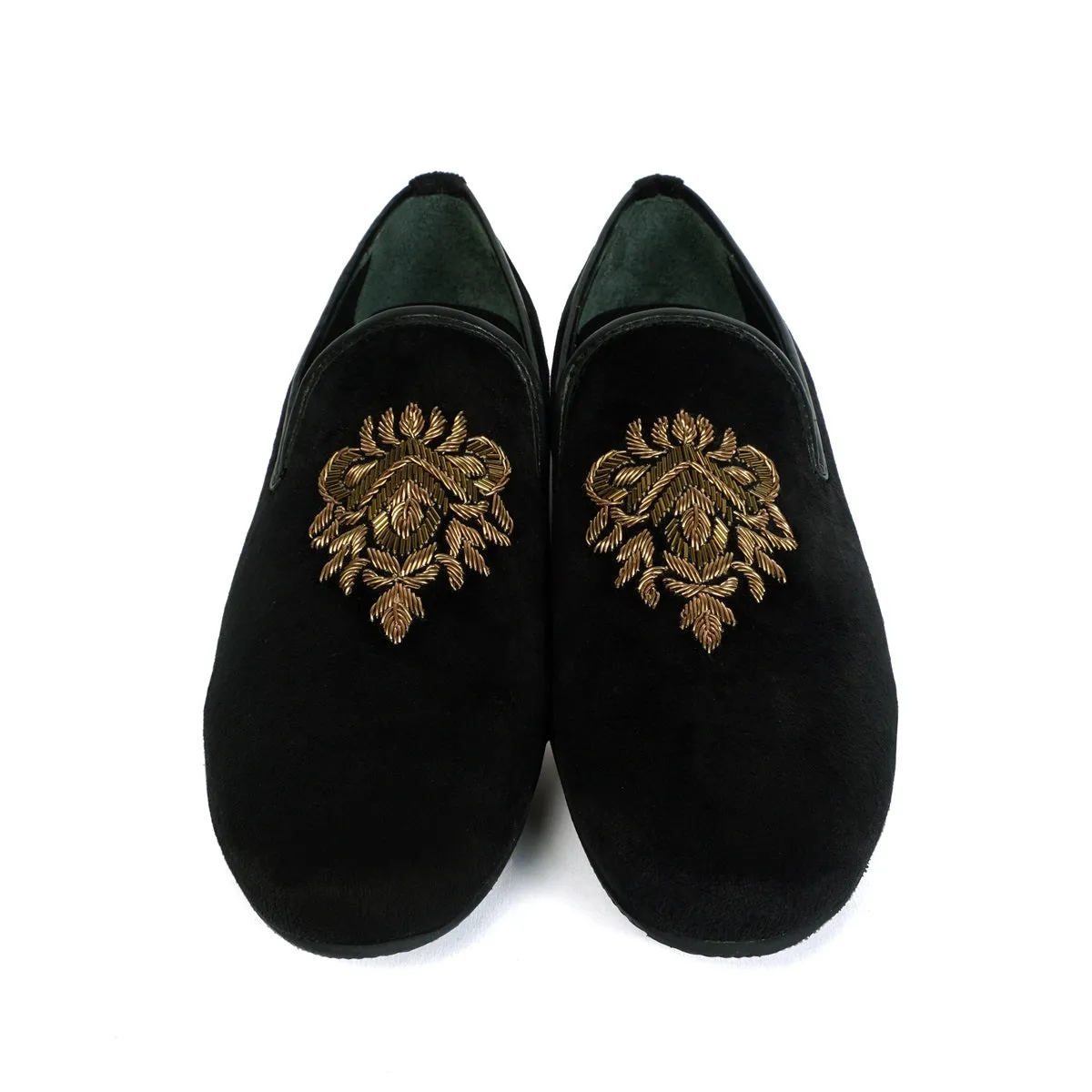 Black Velvet Slip-on Shoes with Hand Zardosi Design