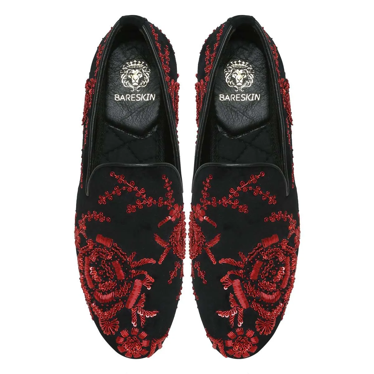 Black Velvet Slip-On Shoes with Red Zardosi Embroidery By Brune & Bareskin