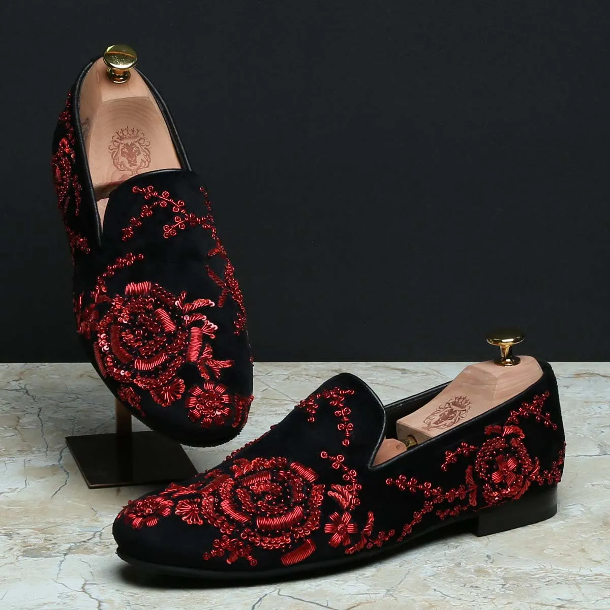 Black Velvet Slip-On Shoes with Red Zardosi Embroidery By Brune & Bareskin