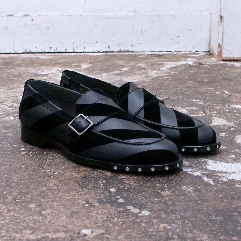 Black Velvet Strap Buckle Leather Shoes